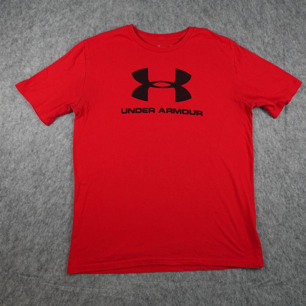 Under Armour Shirt Mens Large Red HeatGear Loose Fit Graphic Logo Tee Short Slv